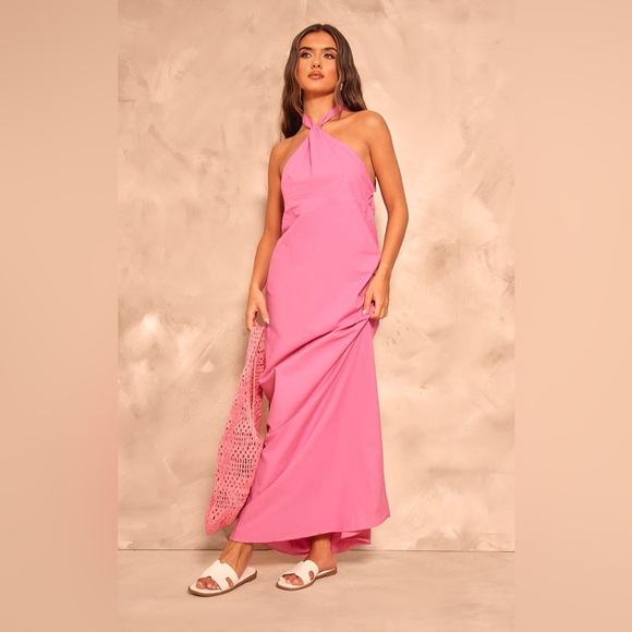 Fuscia Pink Linen Knot Halter Maxi Dress from PrettyLittleThing - Picture 1 of 3